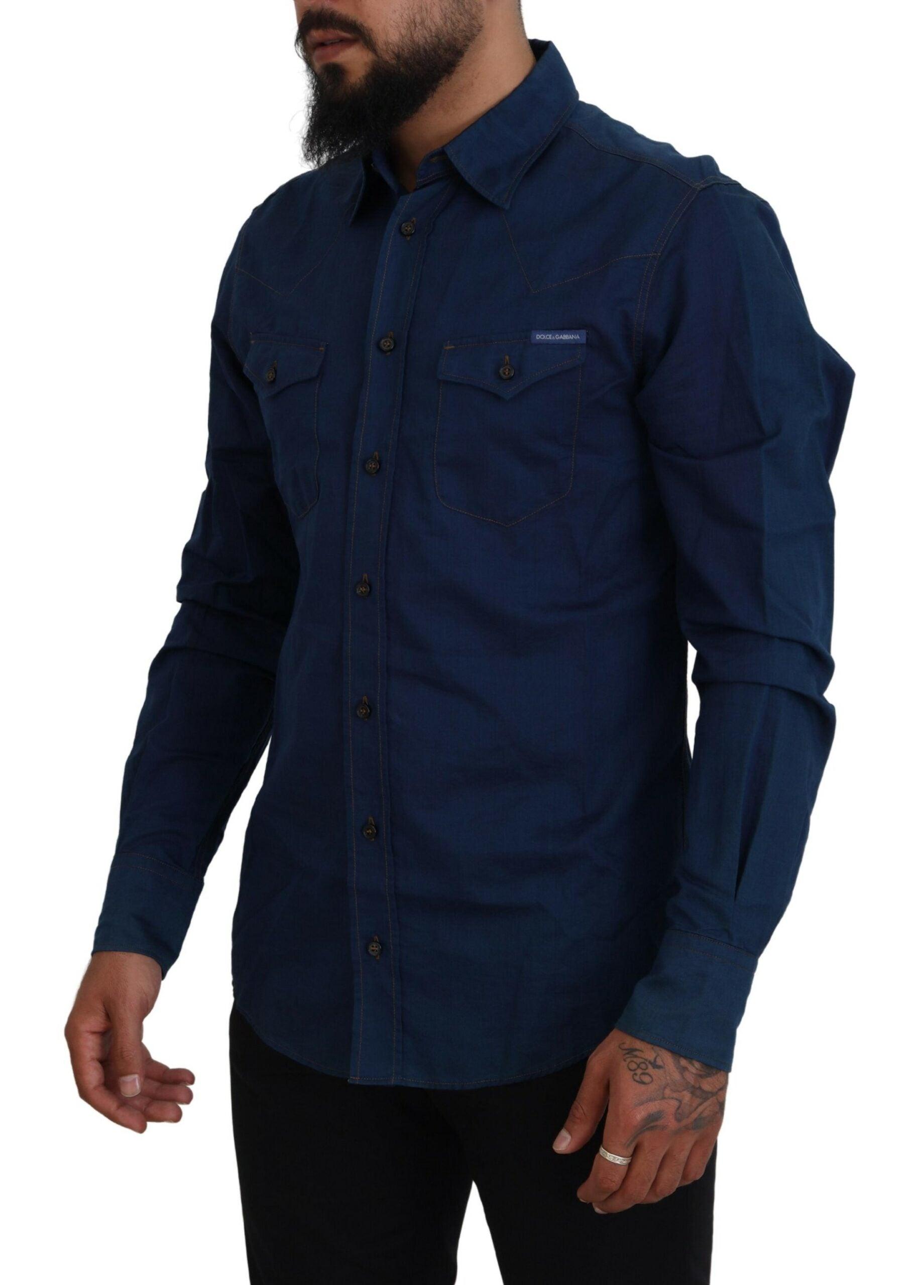 Dolce & Gabbana Blå Denim Bomuld Slim Fit GOLD Shirt-Modeoutlet