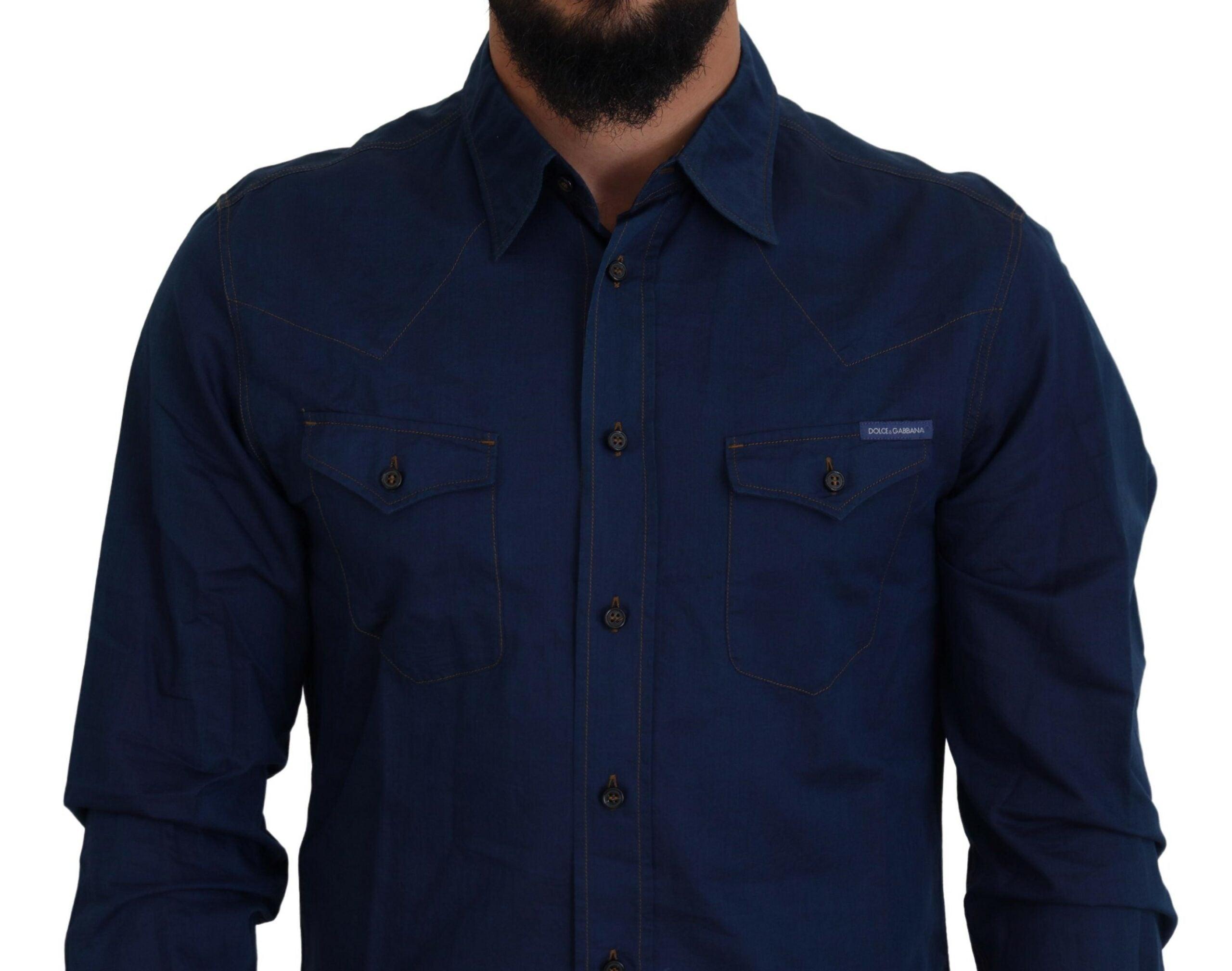 Dolce & Gabbana Blå Denim Bomuld Slim Fit GOLD Shirt-Modeoutlet