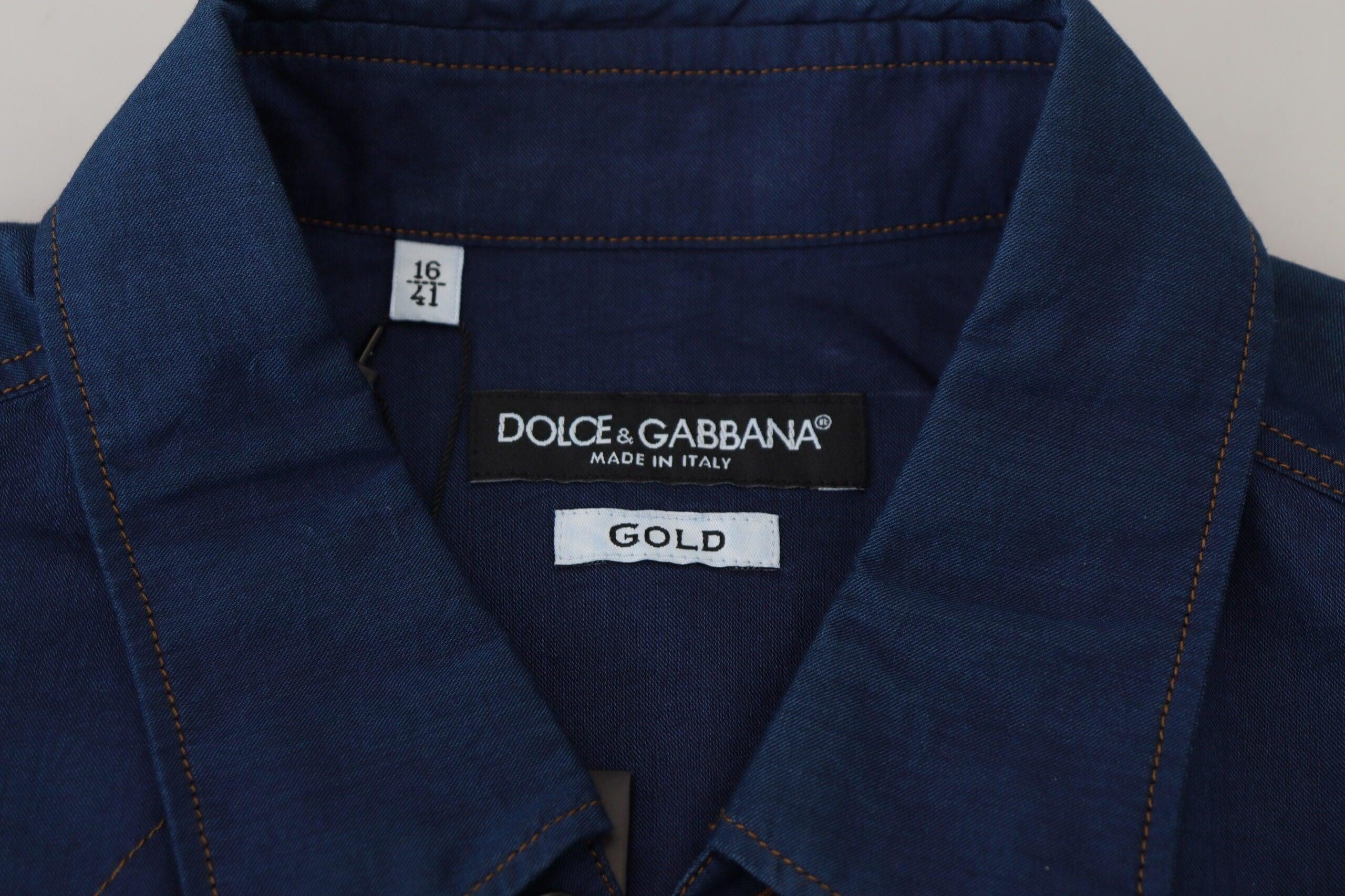 Dolce & Gabbana Blå Denim Bomuld Slim Fit GOLD Shirt-Modeoutlet