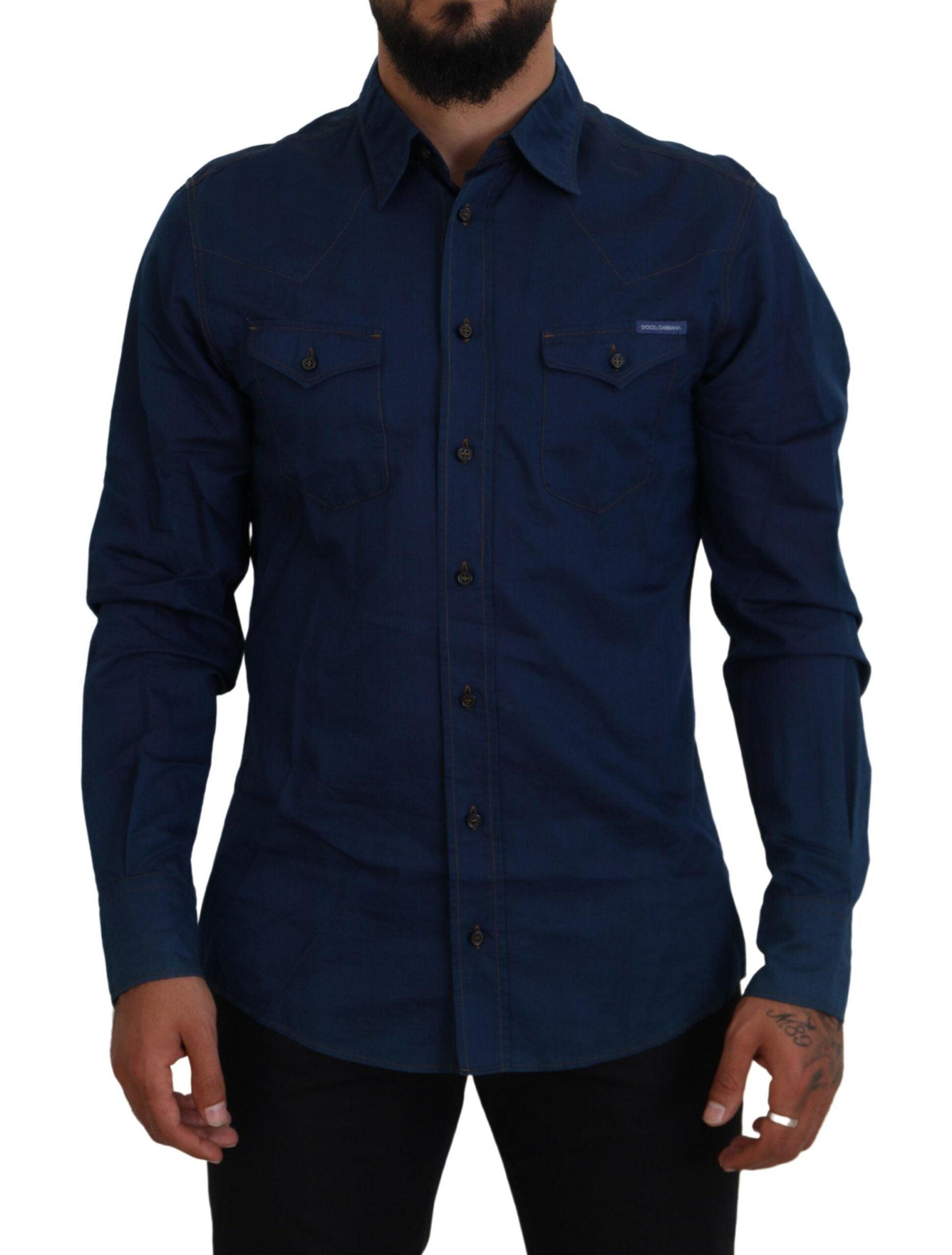 Dolce & Gabbana Blå Denim Bomuld Slim Fit GOLD Shirt-Modeoutlet