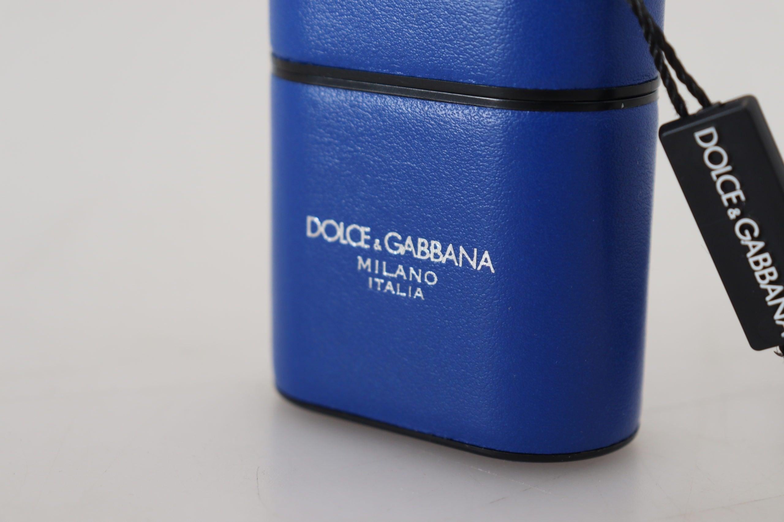 Dolce & Gabbana Blå Læder Sølv Metal Logo Airpods Case-Modeoutlet