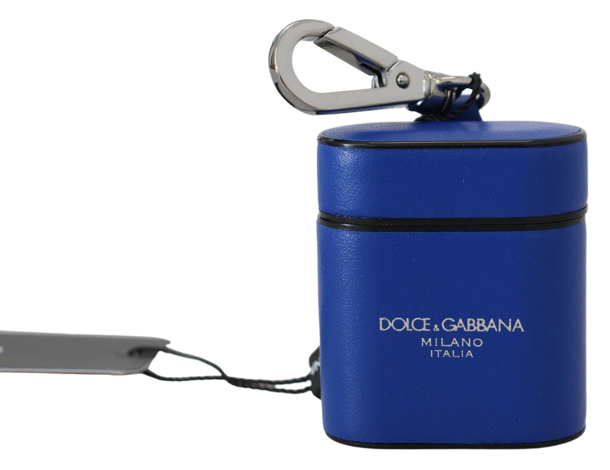 Dolce & Gabbana Blå Læder Sølv Metal Logo Airpods Case-Modeoutlet