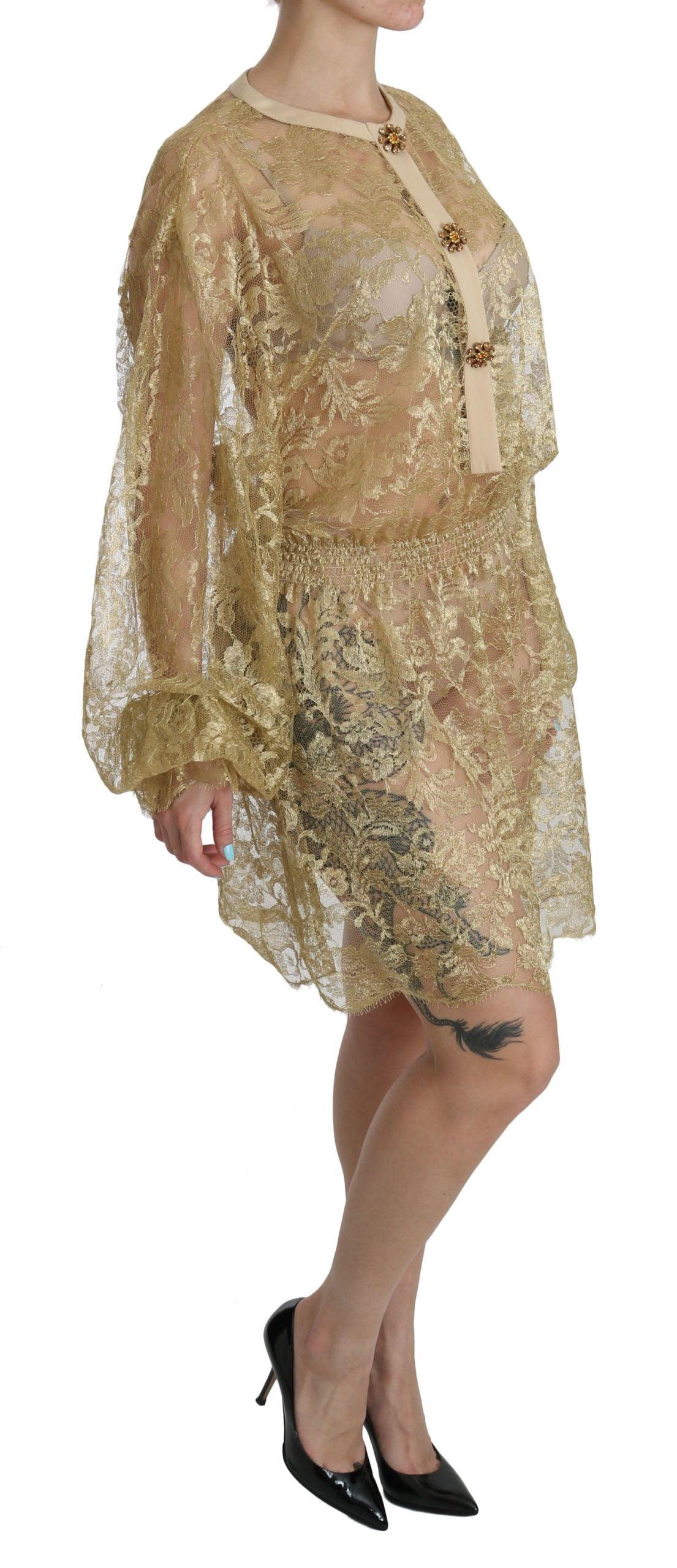 Dolce & Gabbana Elegant Gold Lace A-Line Knee Length Dress-Modeoutlet