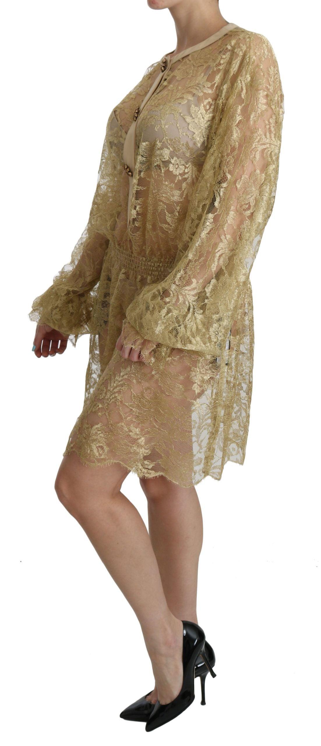 Dolce & Gabbana Elegant Gold Lace A-Line Knee Length Dress-Modeoutlet