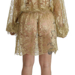 Dolce & Gabbana Elegant Gold Lace A-Line Knee Length Dress-Modeoutlet