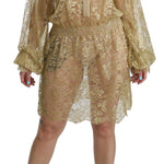 Dolce & Gabbana Elegant Gold Lace A-Line Knee Length Dress-Modeoutlet