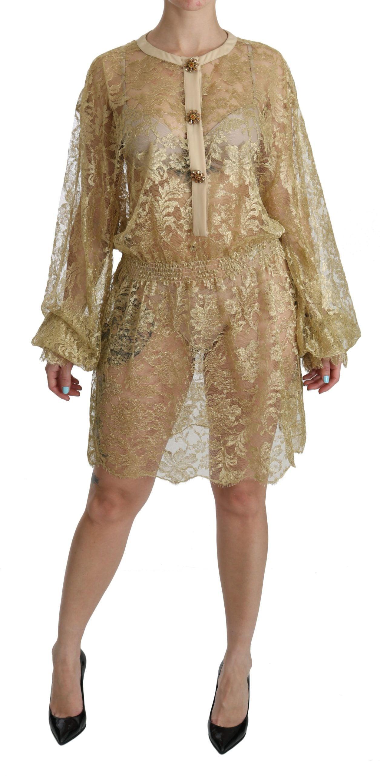 Dolce & Gabbana Elegant Gold Lace A-Line Knee Length Dress-Modeoutlet