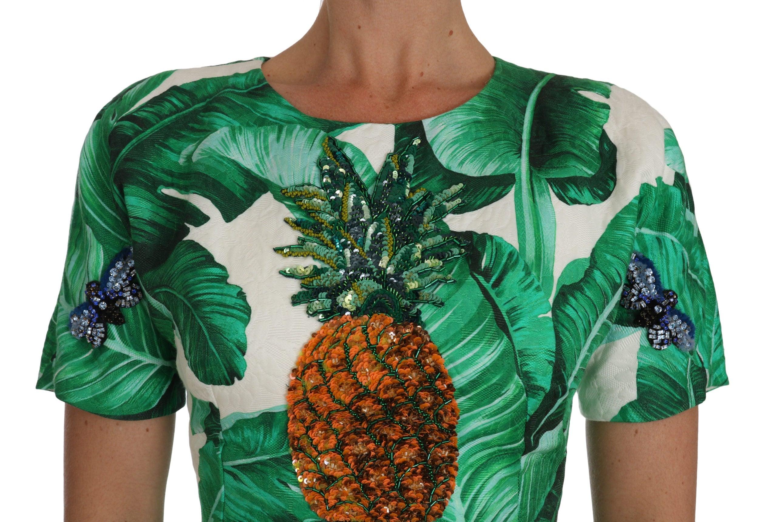 Dolce & Gabbana Elegant Green Banana Leaf Print A-Line Dress-Modeoutlet