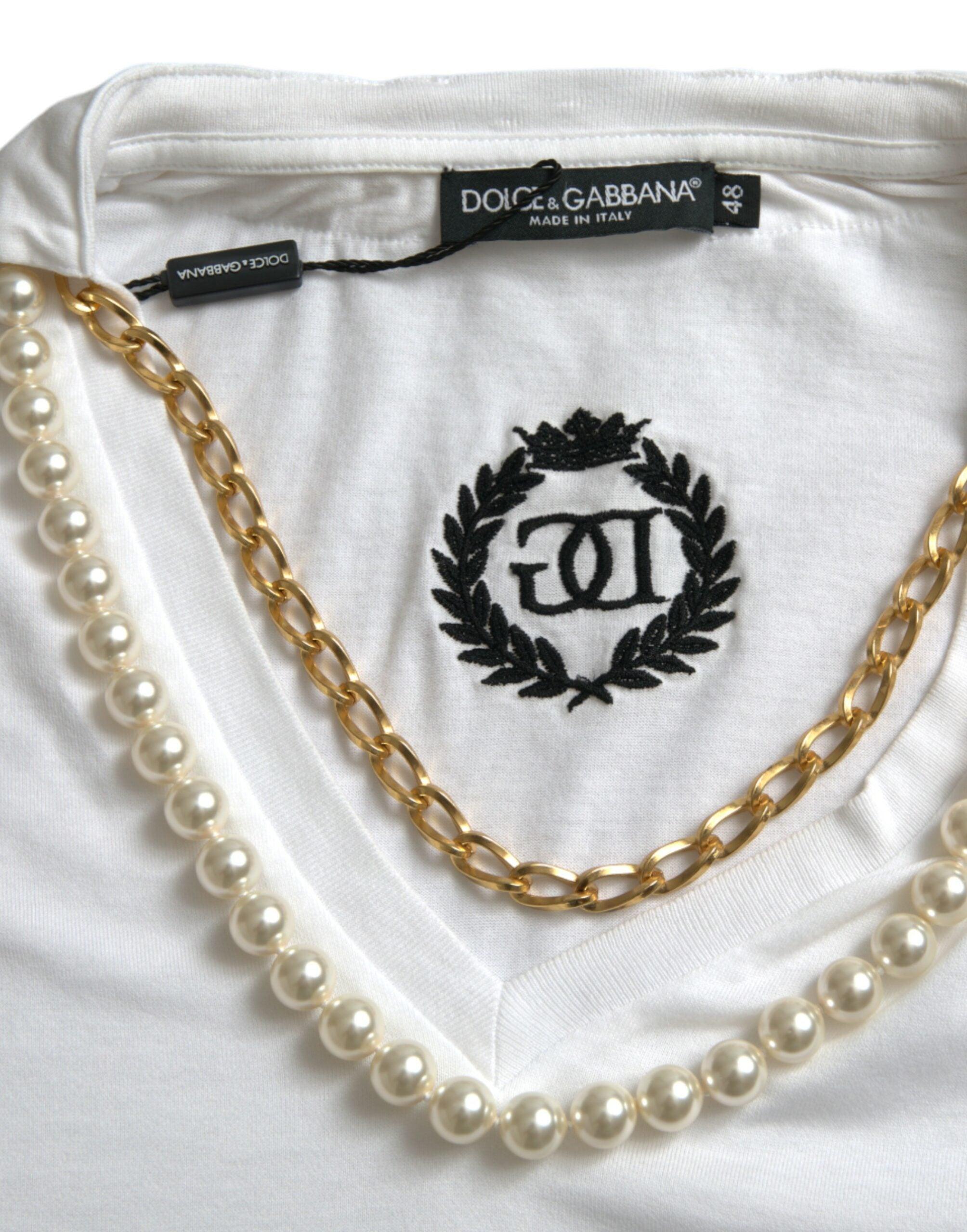 Dolce & Gabbana Elegant White Cotton Tee with Necklace Detail-Modeoutlet