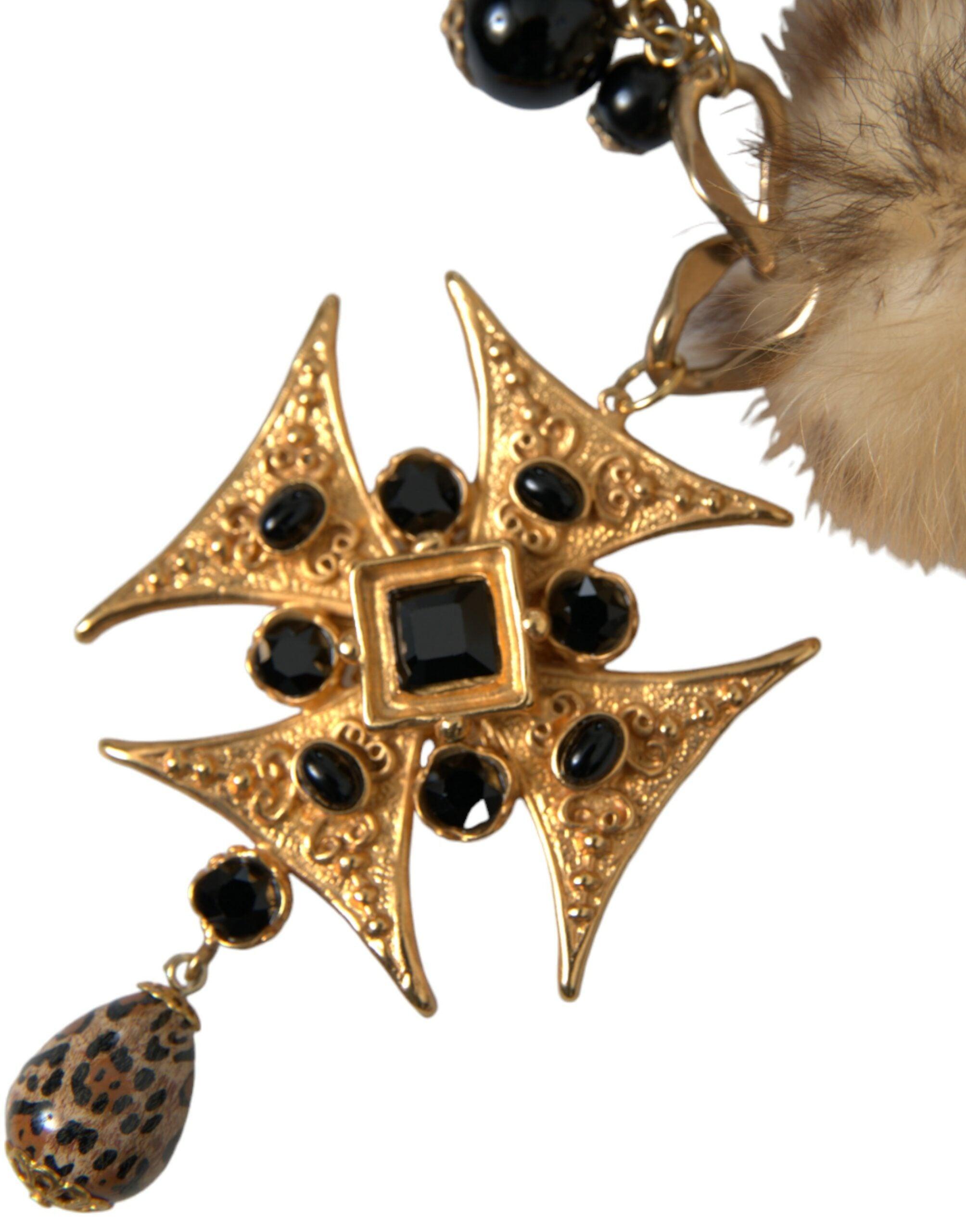 Dolce & Gabbana Gold Black Crystals Lapin Fur Filigree Chocker Necklace-Modeoutlet