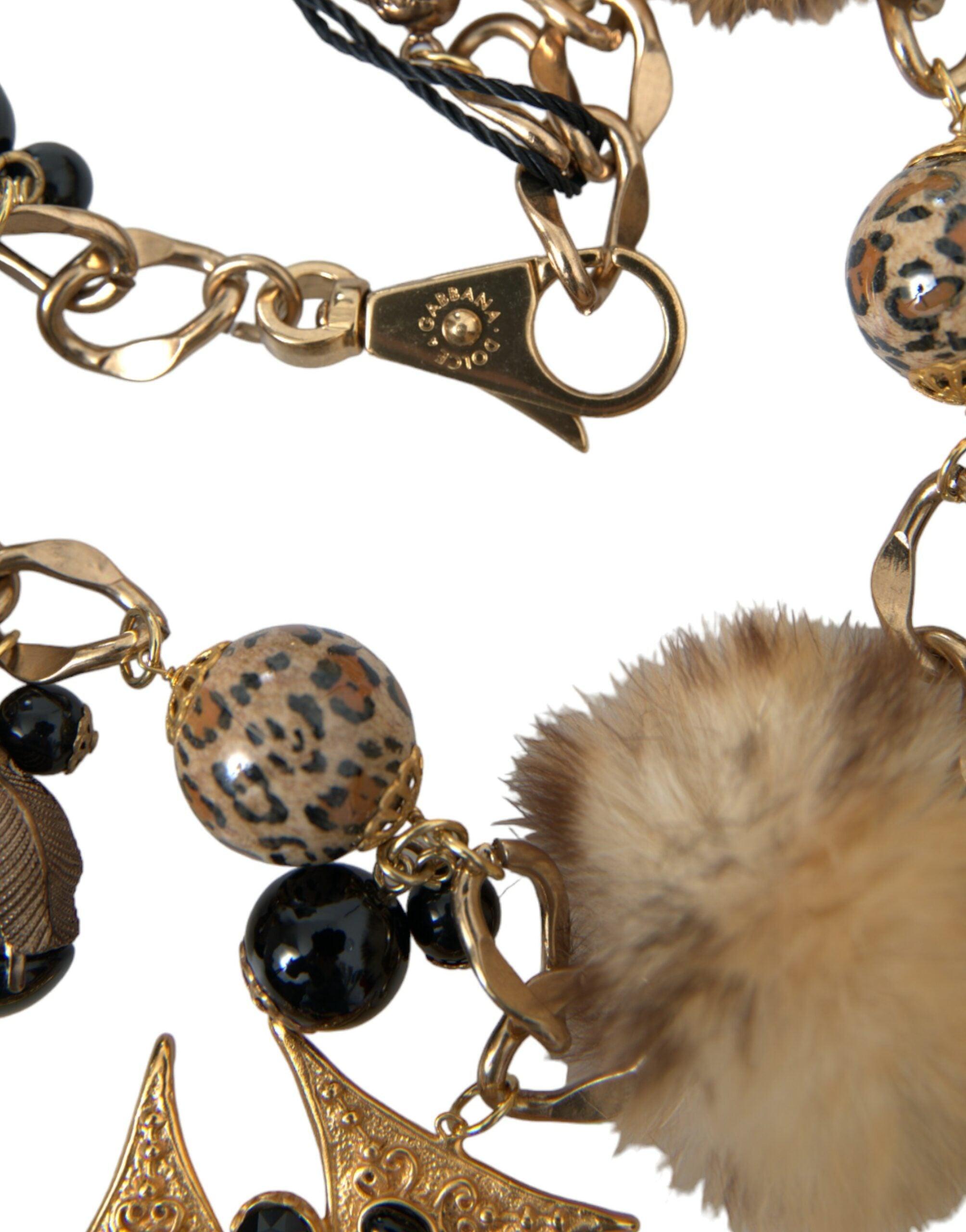 Dolce & Gabbana Gold Black Crystals Lapin Fur Filigree Chocker Necklace-Modeoutlet