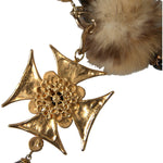 Dolce & Gabbana Gold Black Crystals Lapin Fur Filigree Chocker Necklace-Modeoutlet