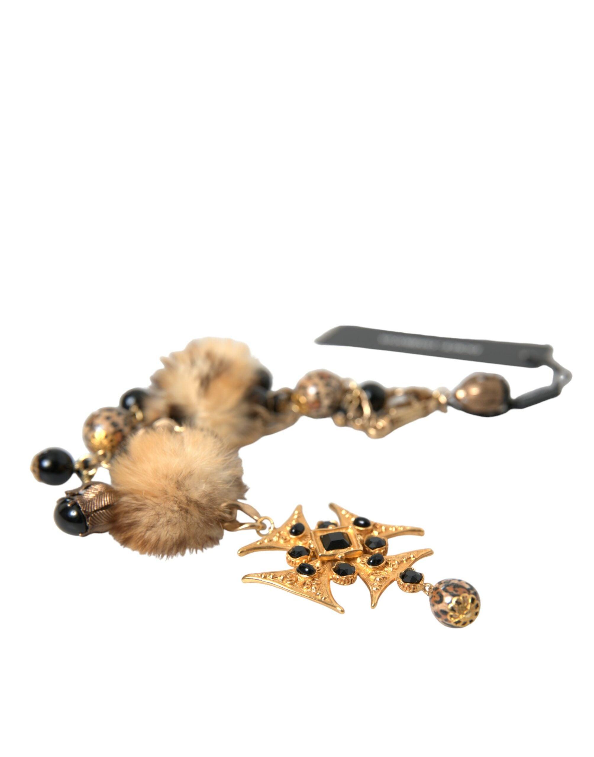 Dolce & Gabbana Gold Black Crystals Lapin Fur Filigree Chocker Necklace-Modeoutlet