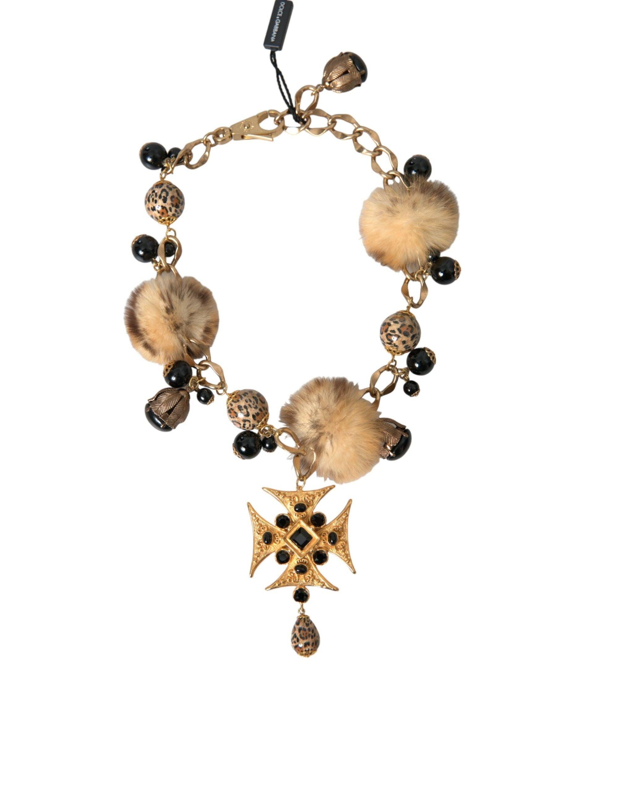 Dolce & Gabbana Gold Black Crystals Lapin Fur Filigree Chocker Necklace-Modeoutlet