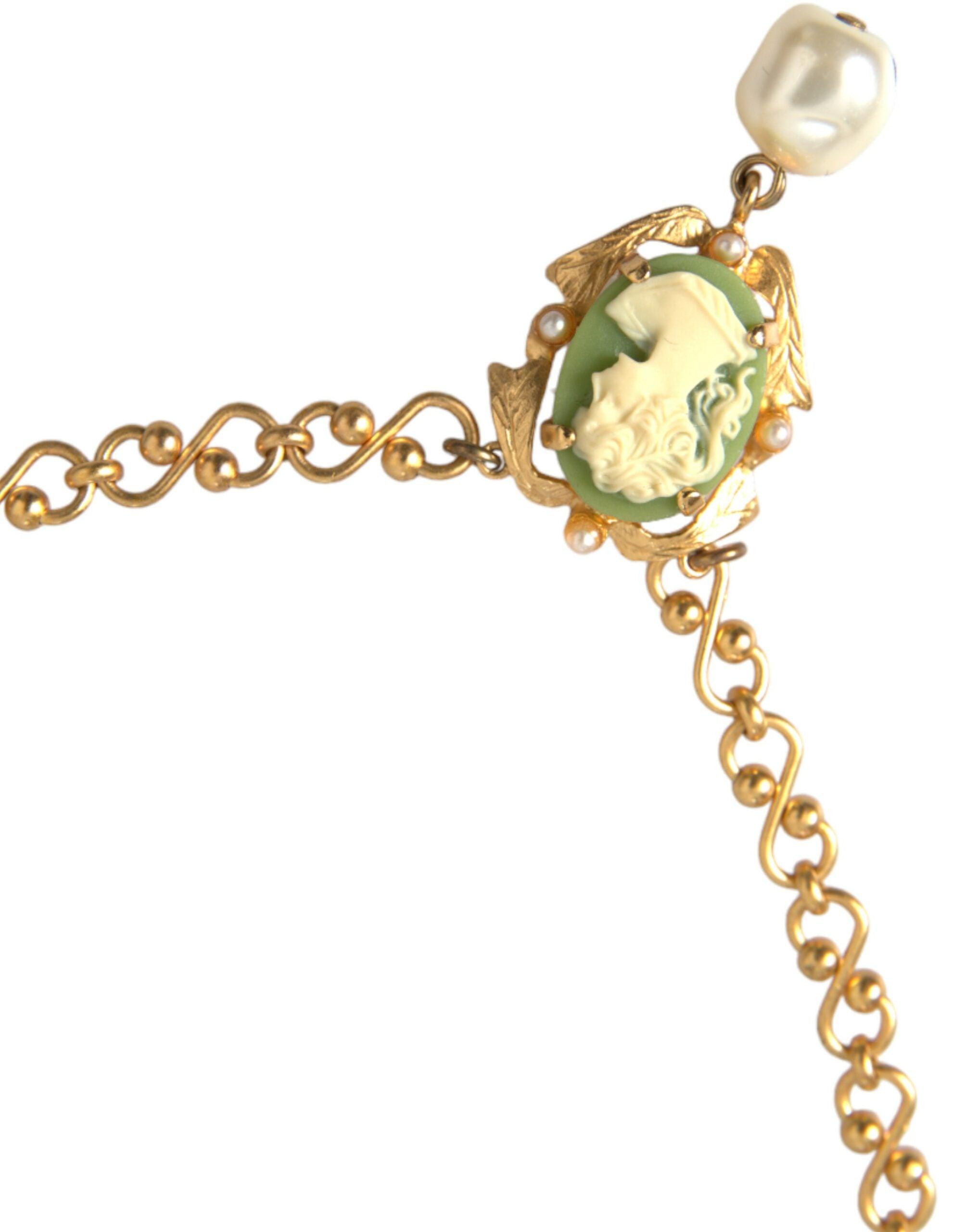 Dolce & Gabbana Gold Brass Chain Pearl Pendant Charm Necklace-Modeoutlet