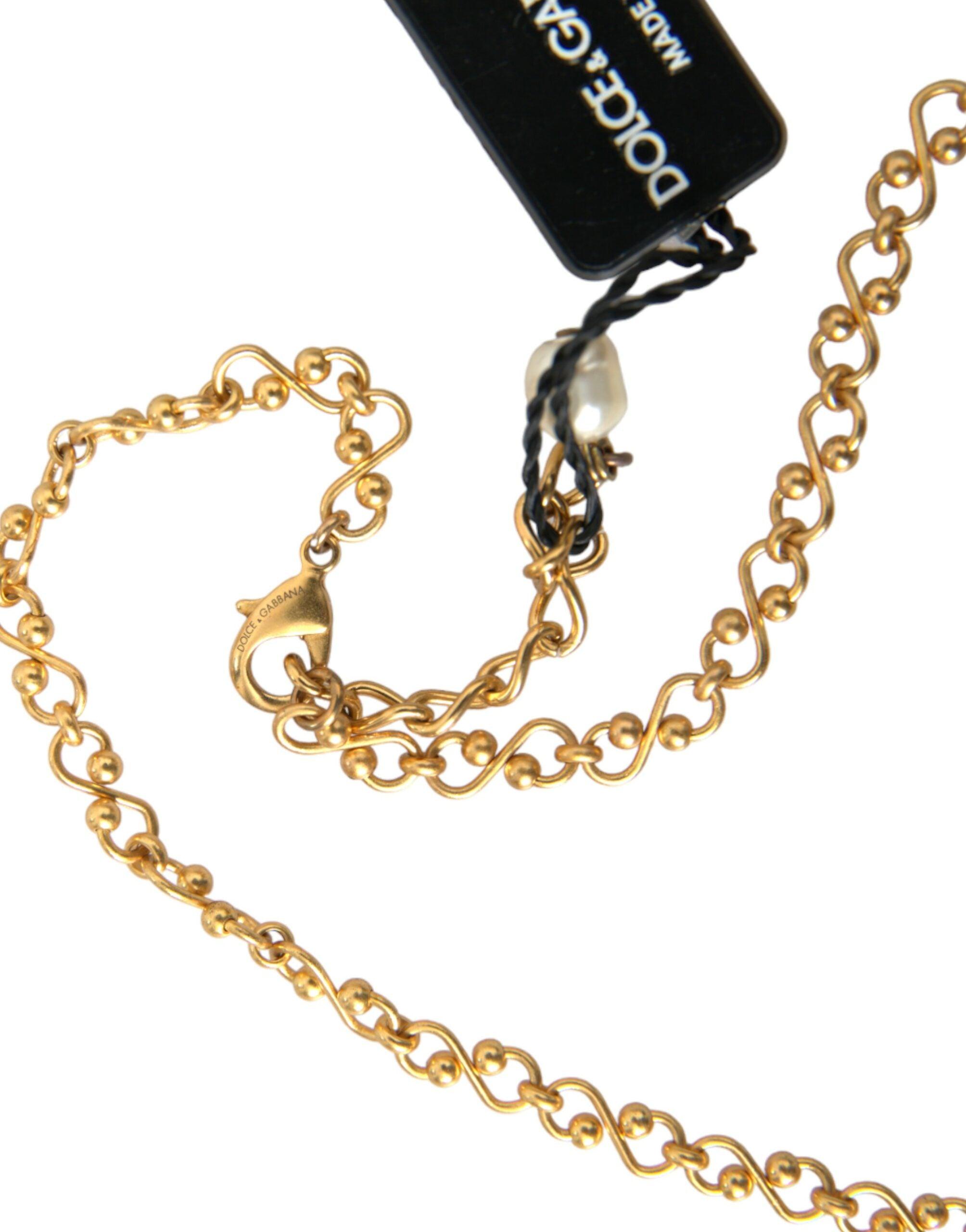 Dolce & Gabbana Gold Brass Chain Pearl Pendant Charm Necklace-Modeoutlet