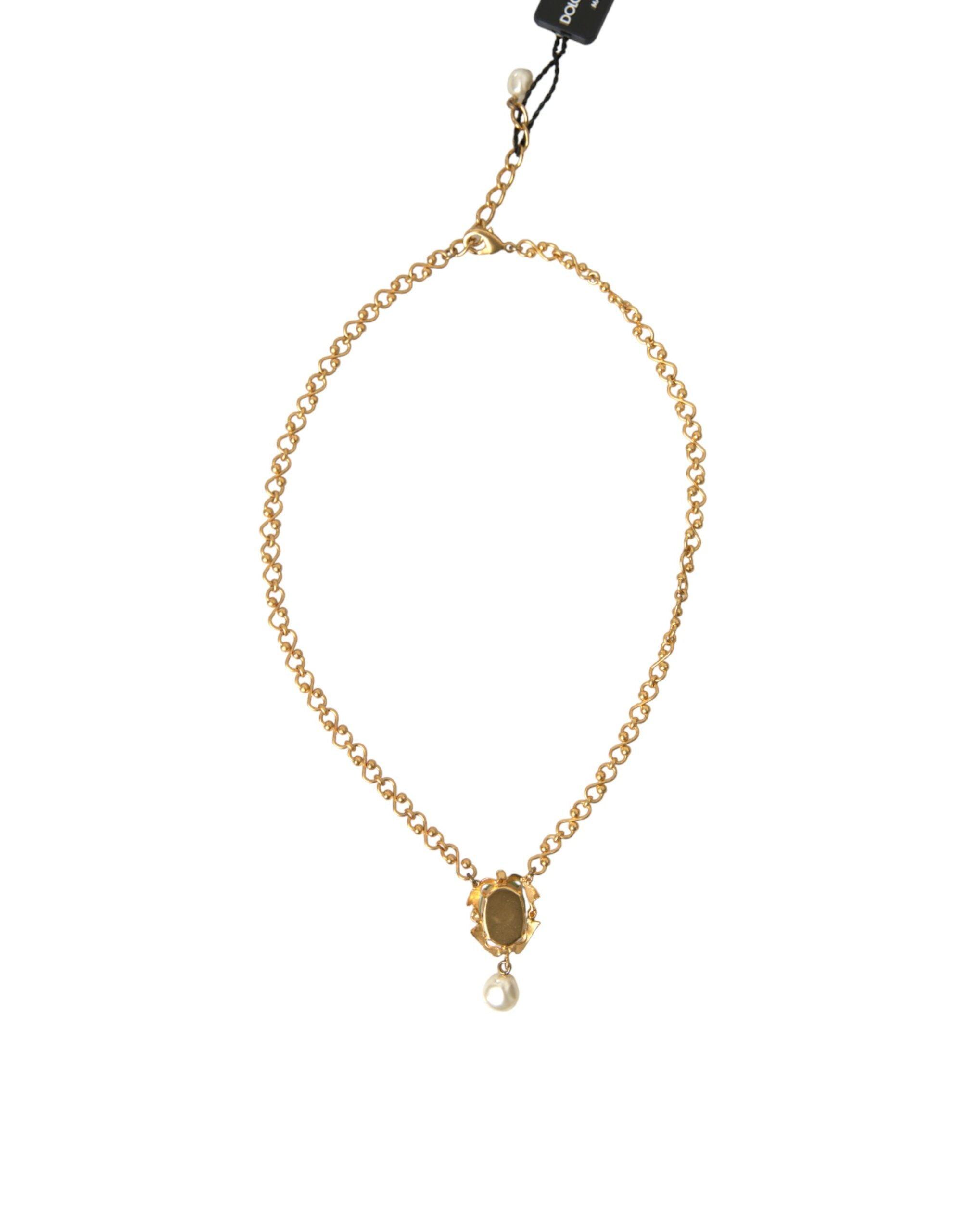 Dolce & Gabbana Gold Brass Chain Pearl Pendant Charm Necklace-Modeoutlet