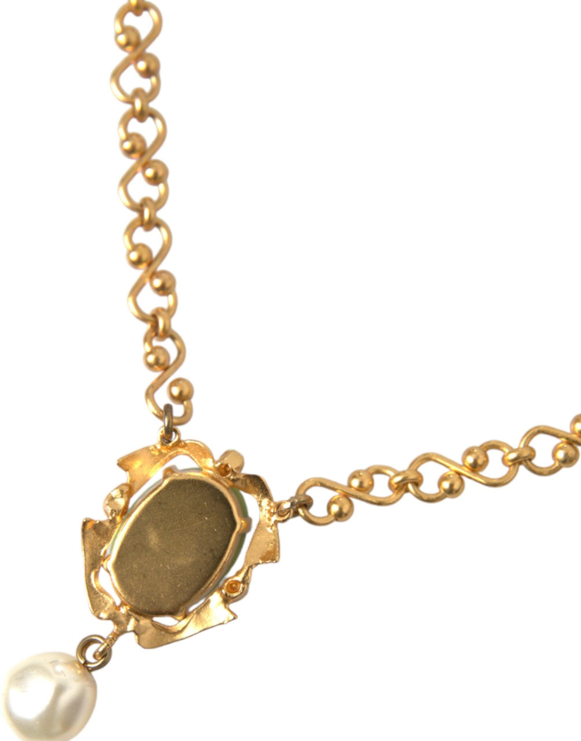 Dolce & Gabbana Gold Brass Chain Pearl Pendant Charm Necklace-Modeoutlet