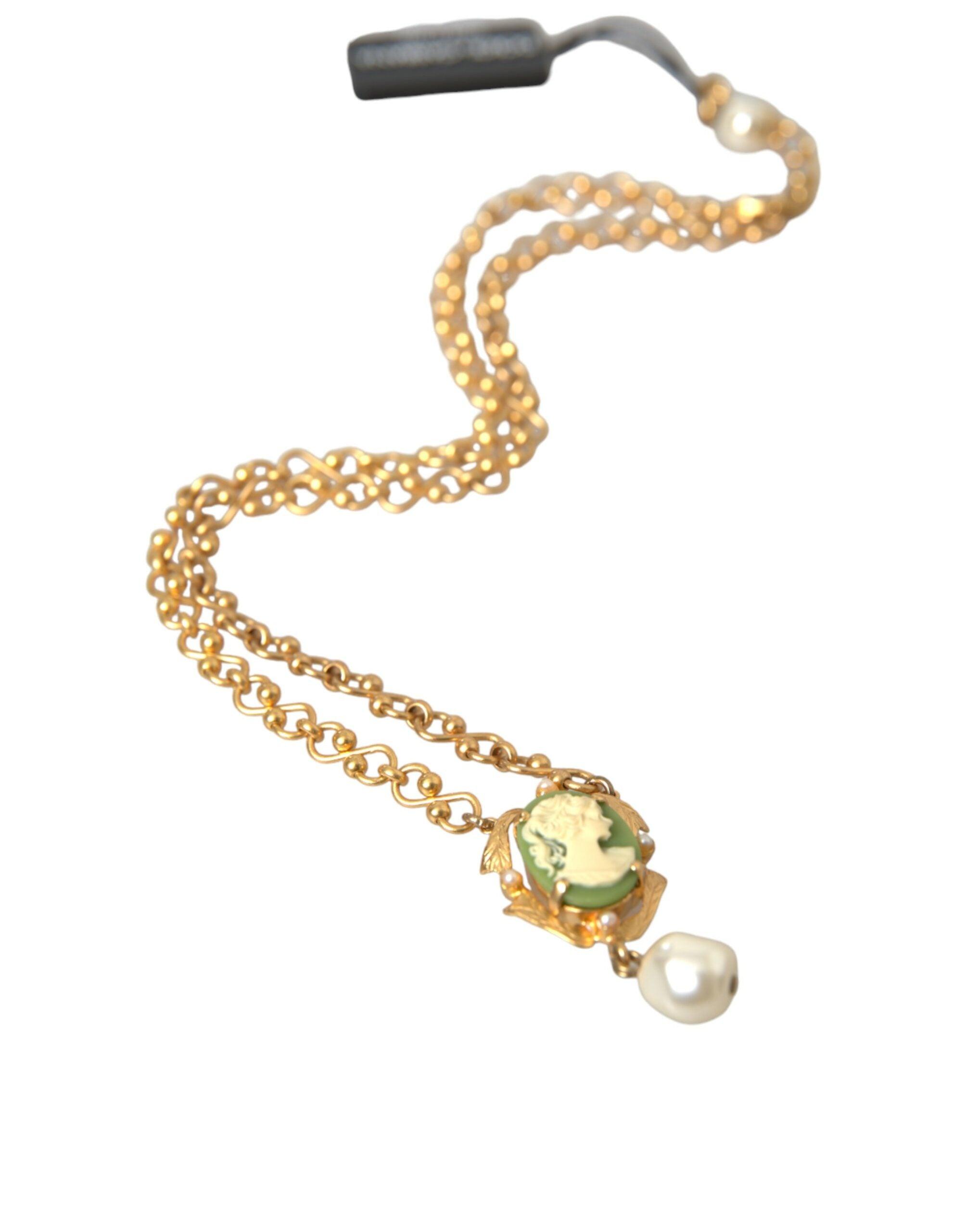 Dolce & Gabbana Gold Brass Chain Pearl Pendant Charm Necklace-Modeoutlet