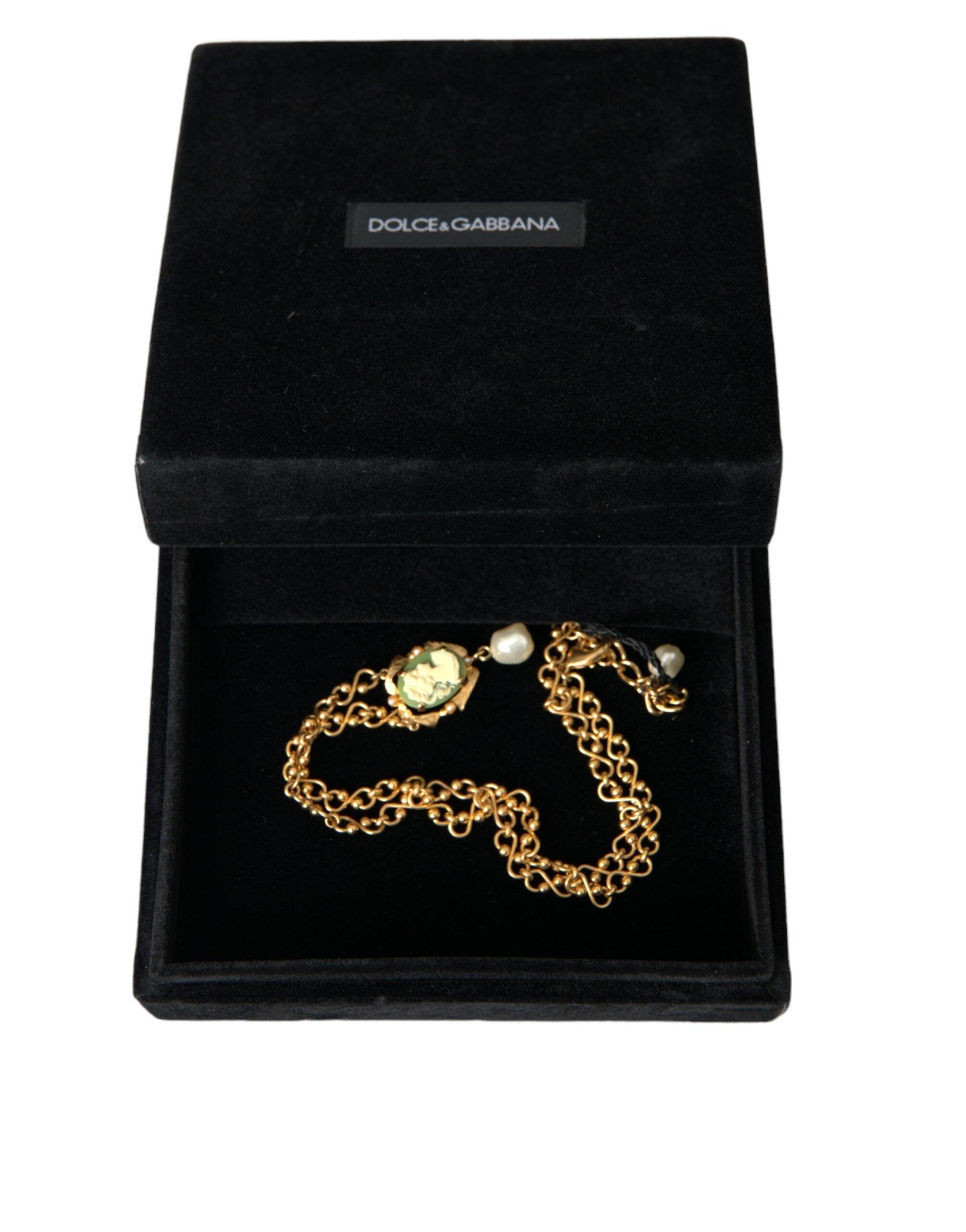 Dolce & Gabbana Gold Brass Chain Pearl Pendant Charm Necklace-Modeoutlet