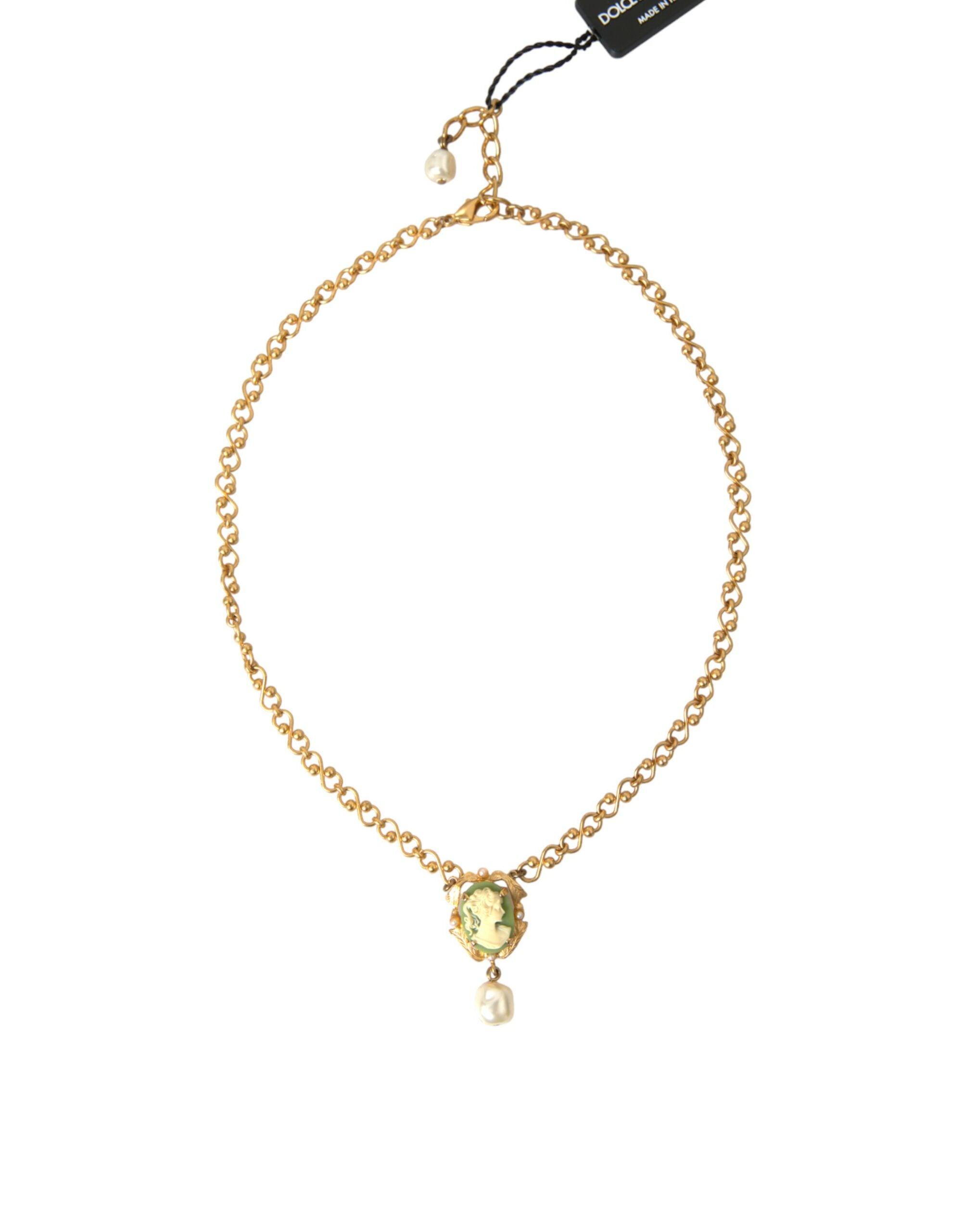 Dolce & Gabbana Gold Brass Chain Pearl Pendant Charm Necklace-Modeoutlet