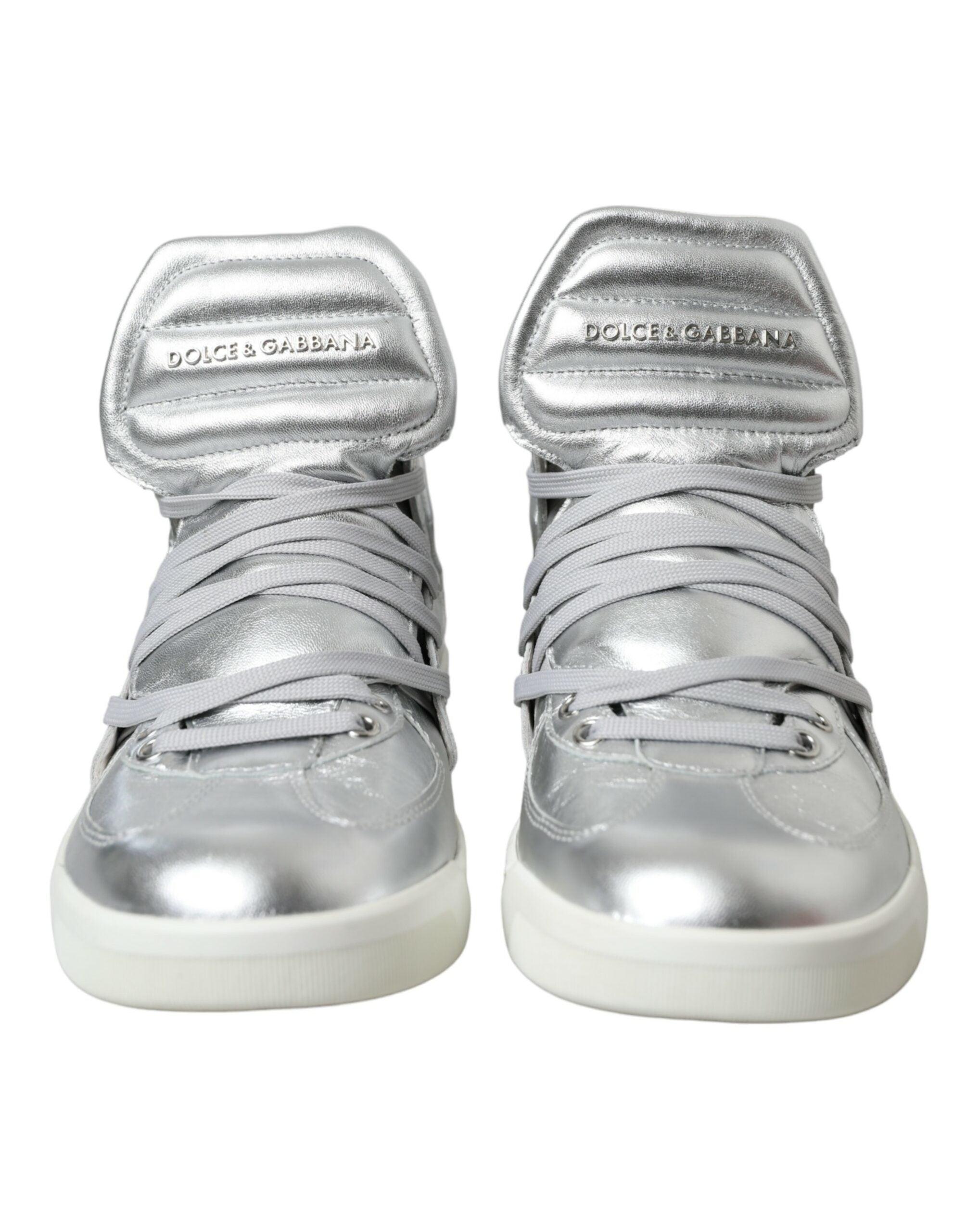 Dolce & Gabbana Silver Leather High-Top Sneakers-Modeoutlet