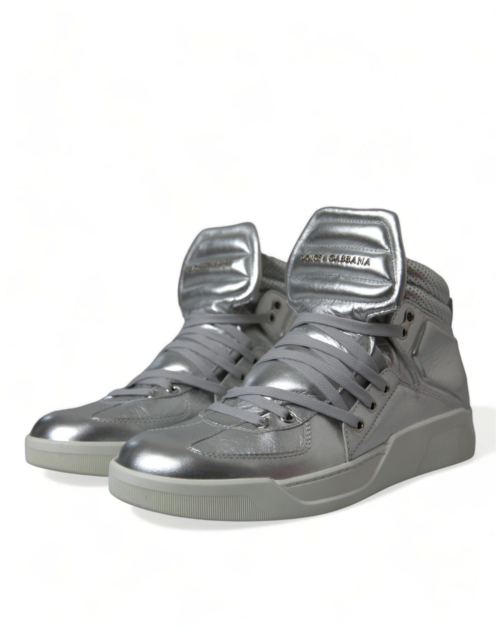 Dolce & Gabbana Silver Leather High-Top Sneakers-Modeoutlet