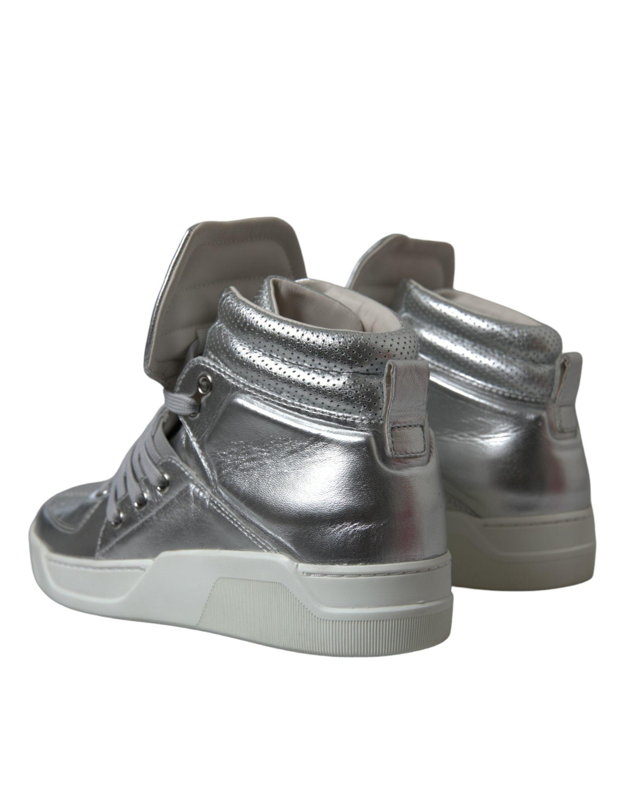 Dolce & Gabbana Silver Leather High-Top Sneakers-Modeoutlet