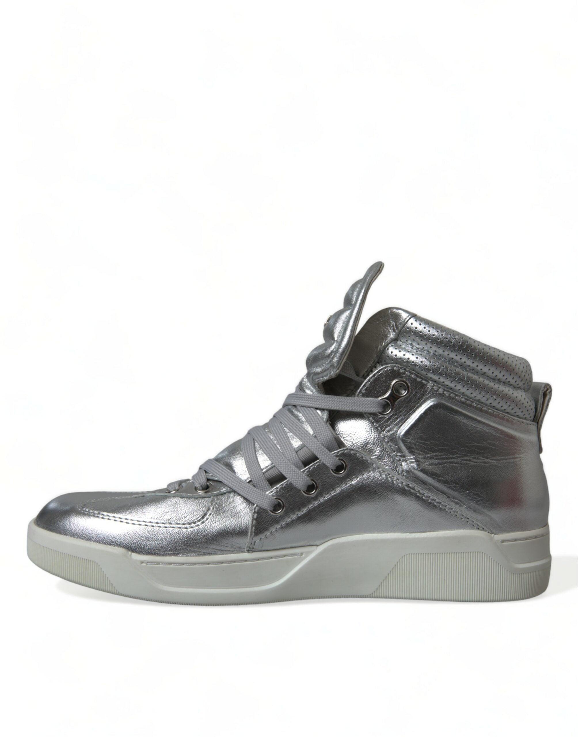 Dolce & Gabbana Silver Leather High-Top Sneakers-Modeoutlet