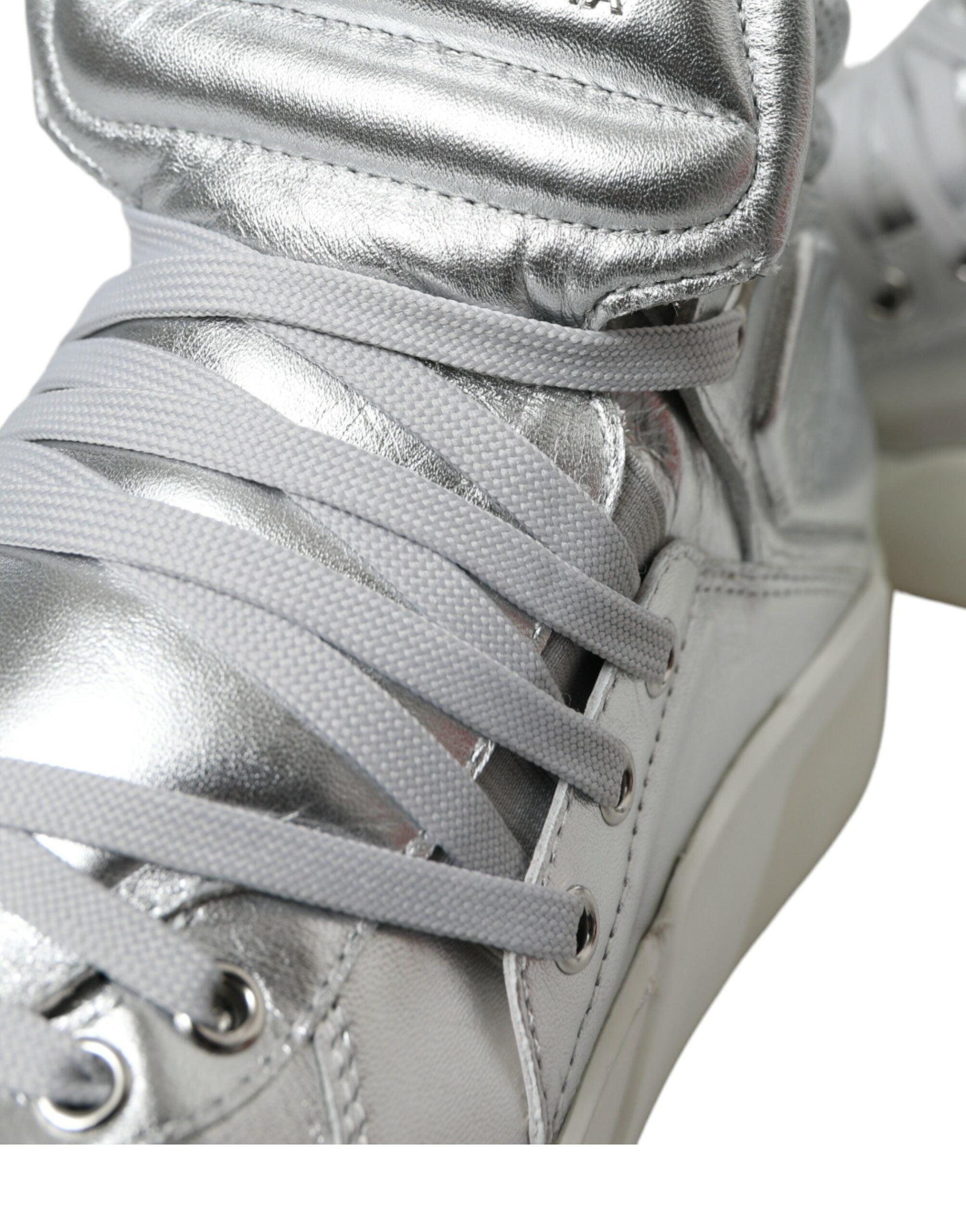 Dolce & Gabbana Silver Leather High-Top Sneakers-Modeoutlet