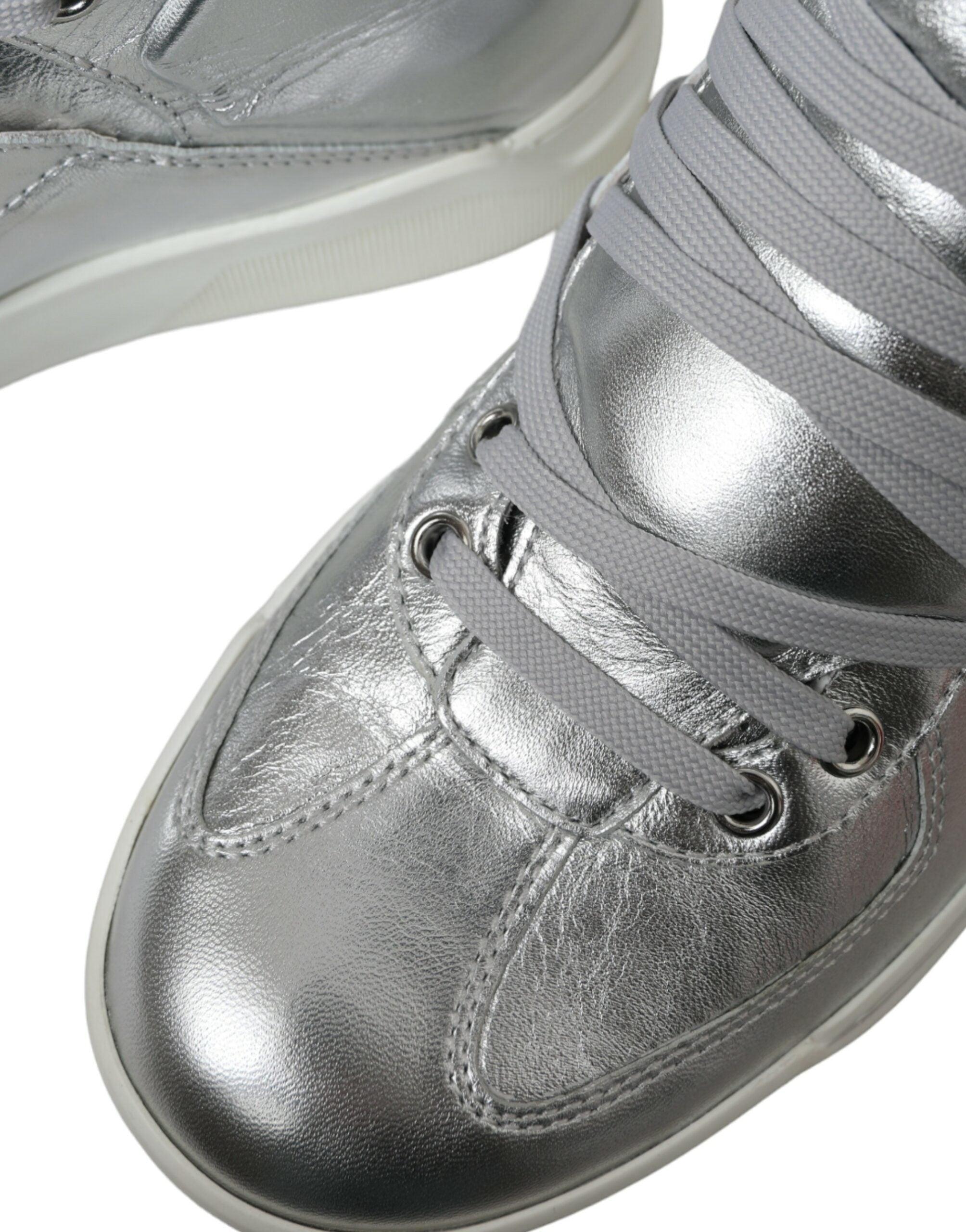 Dolce & Gabbana Silver Leather High-Top Sneakers-Modeoutlet