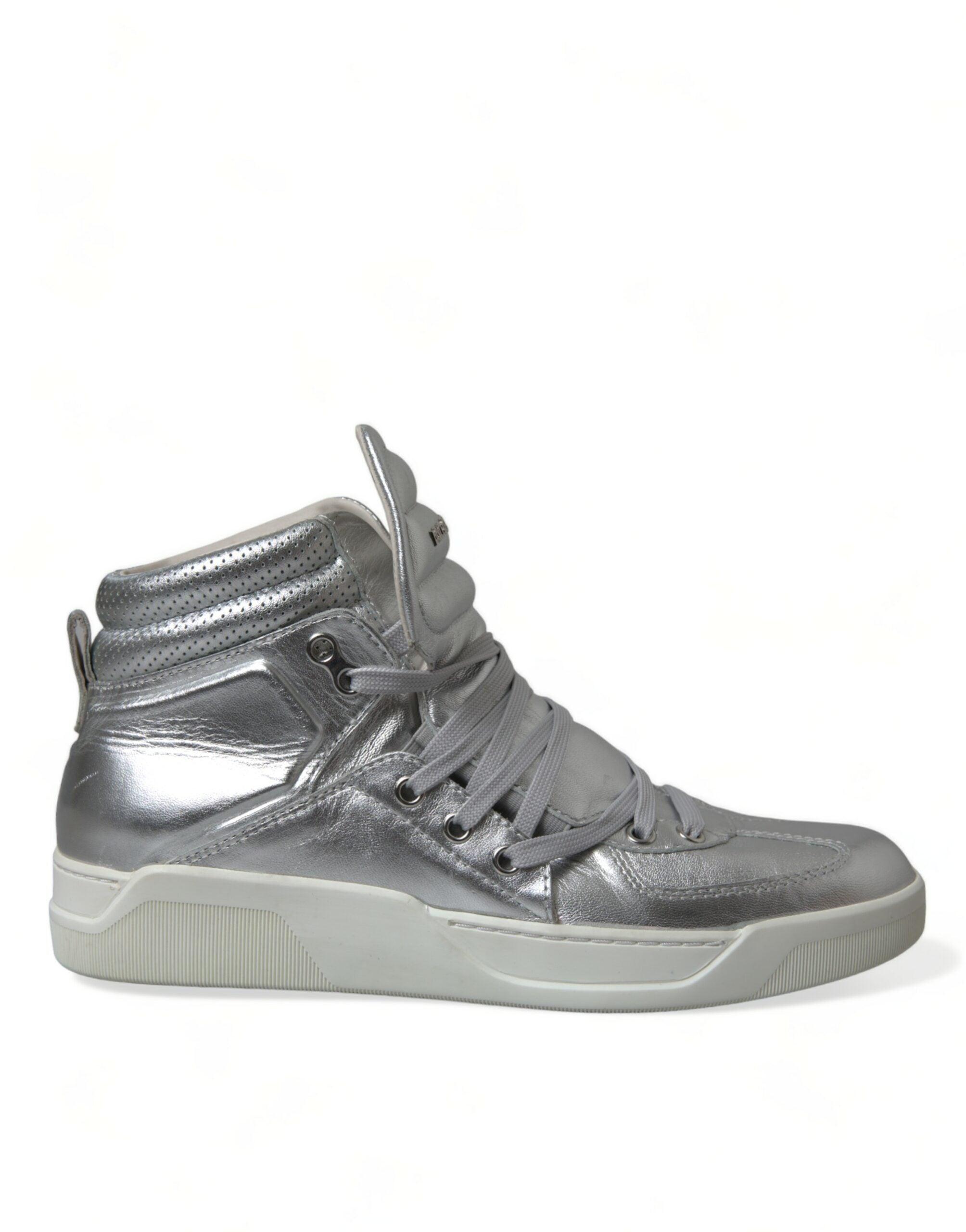 Dolce & Gabbana Silver Leather High-Top Sneakers-Modeoutlet